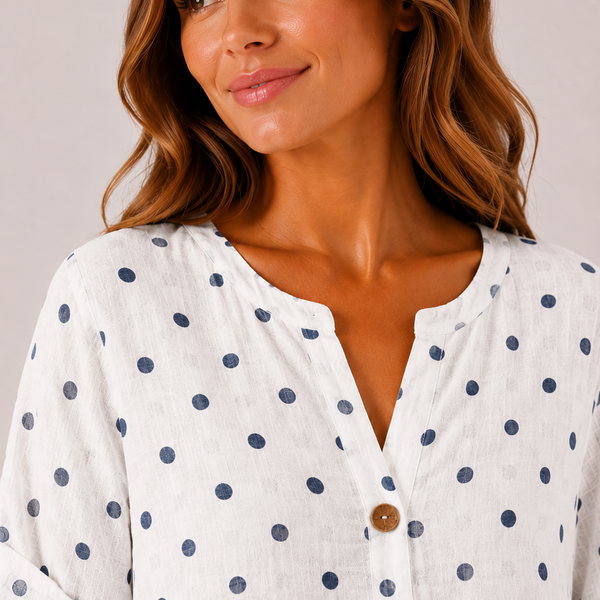 Ladies Italian Button Front Cotton Polka Dot Top (White)