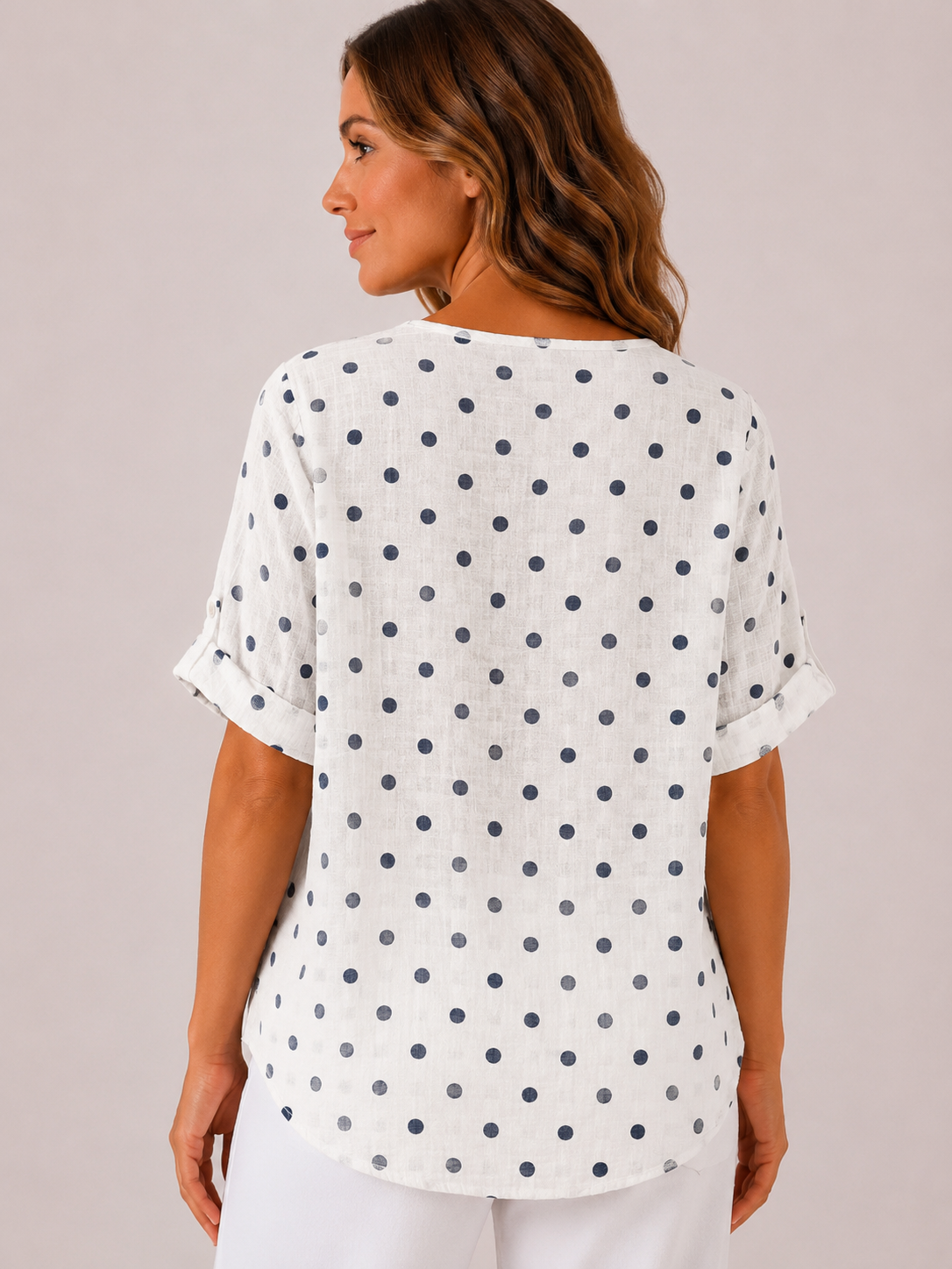 Women's Made in Italy 100% Cotton White Polka Dot Top with Wooden Button Detail and Rolled Short Sleeves