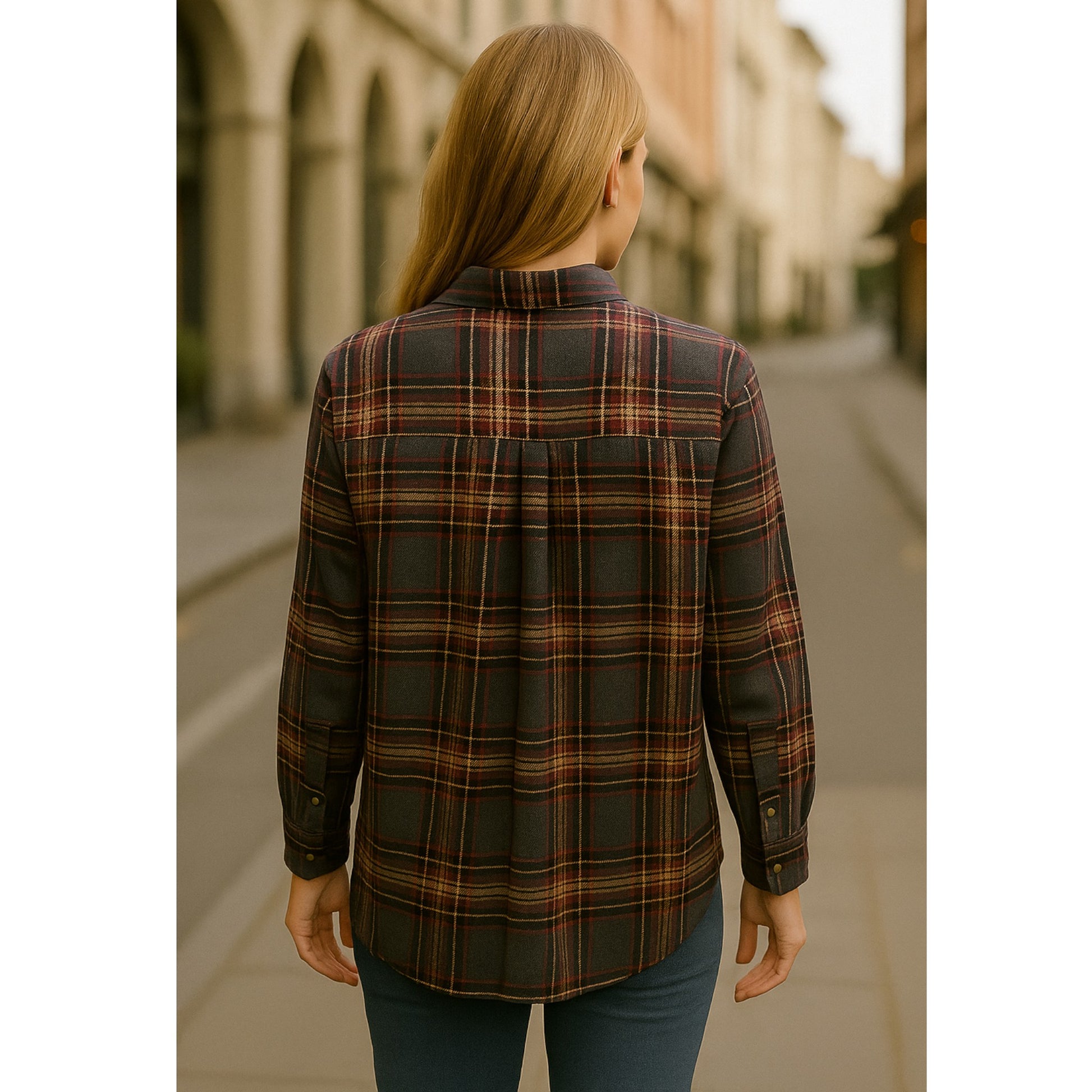 Ladies 100% cotton check shirt made in Italy with button front, chest pockets, and long sleeves