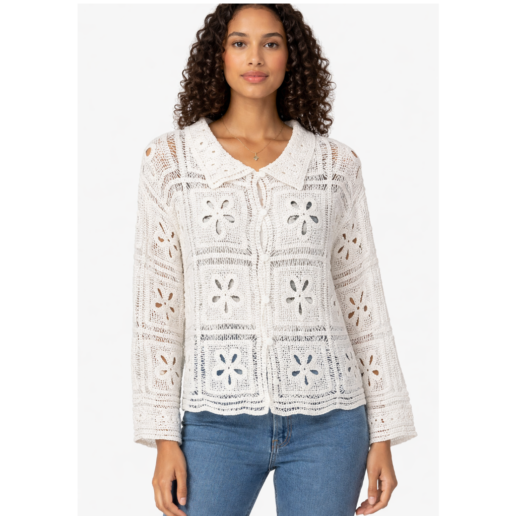 Womens cream crochet lace button blouse collared boho long sleeve summer top