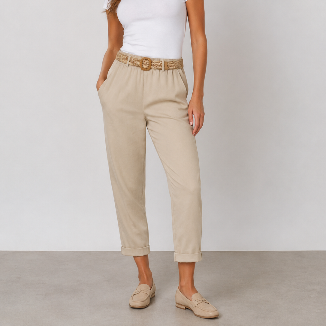 Ladies Italian cropped chino trousers with woven belt in beige, styled with rolled cuffs