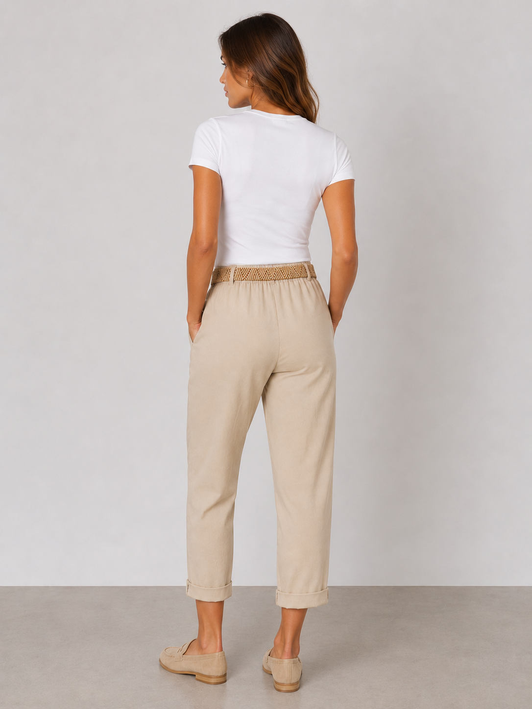 Ladies Italian cropped chino trousers with woven belt in beige, styled with rolled cuffs