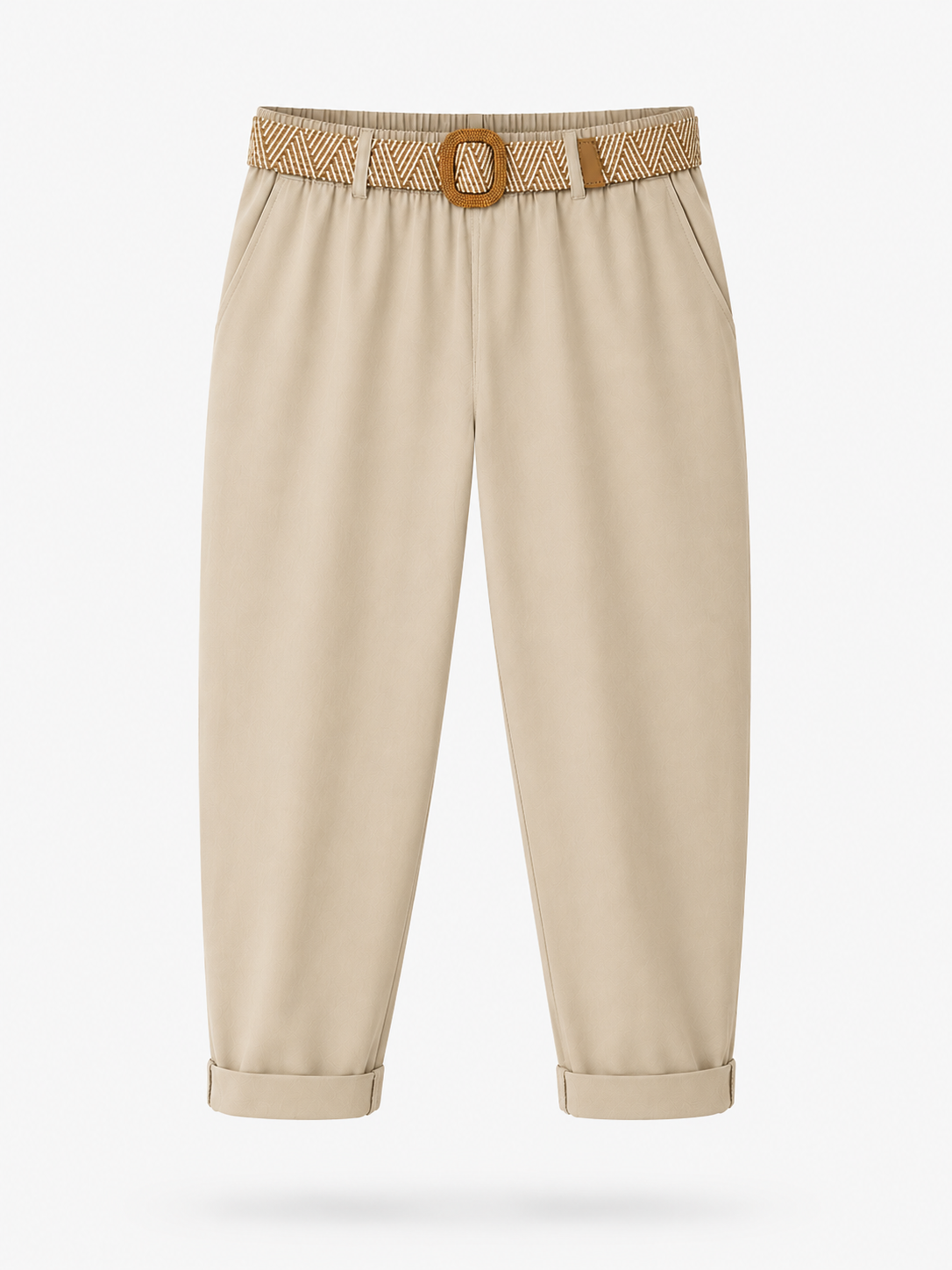 Ladies Italian cropped chino trousers with woven belt in beige, styled with rolled cuffs