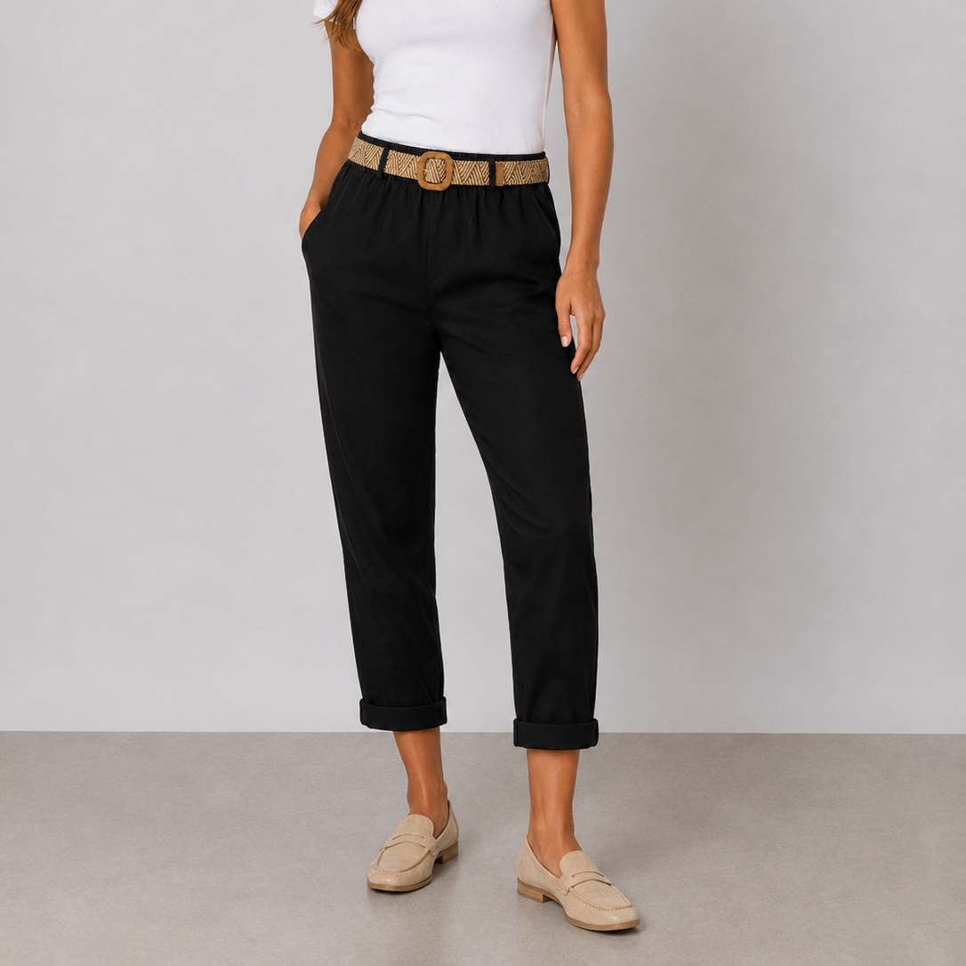 Ladies Italian cropped chino trousers with woven belt in black, styled with rolled cuffs