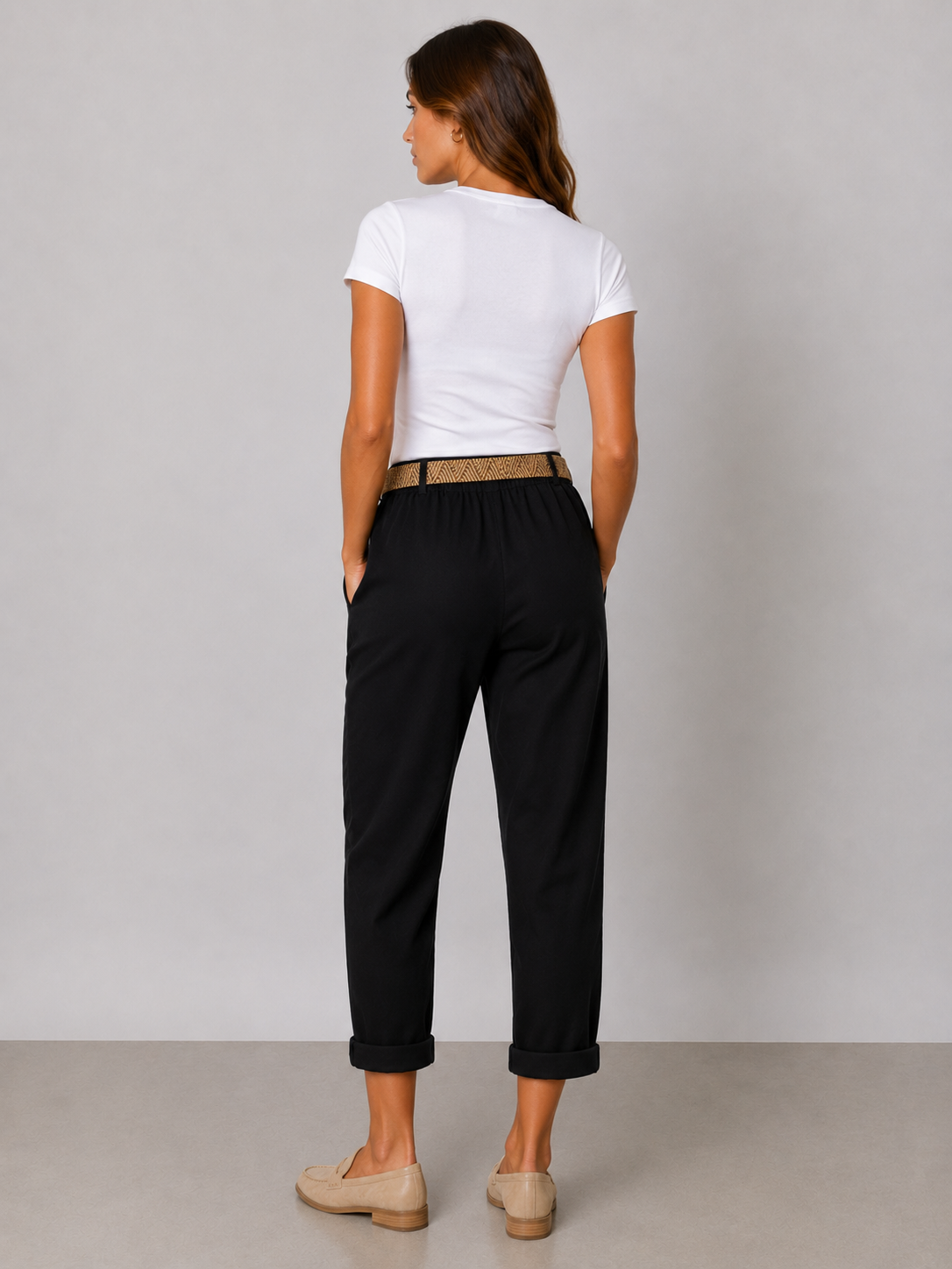 Ladies Italian cropped chino trousers with woven belt in black, styled with rolled cuffs