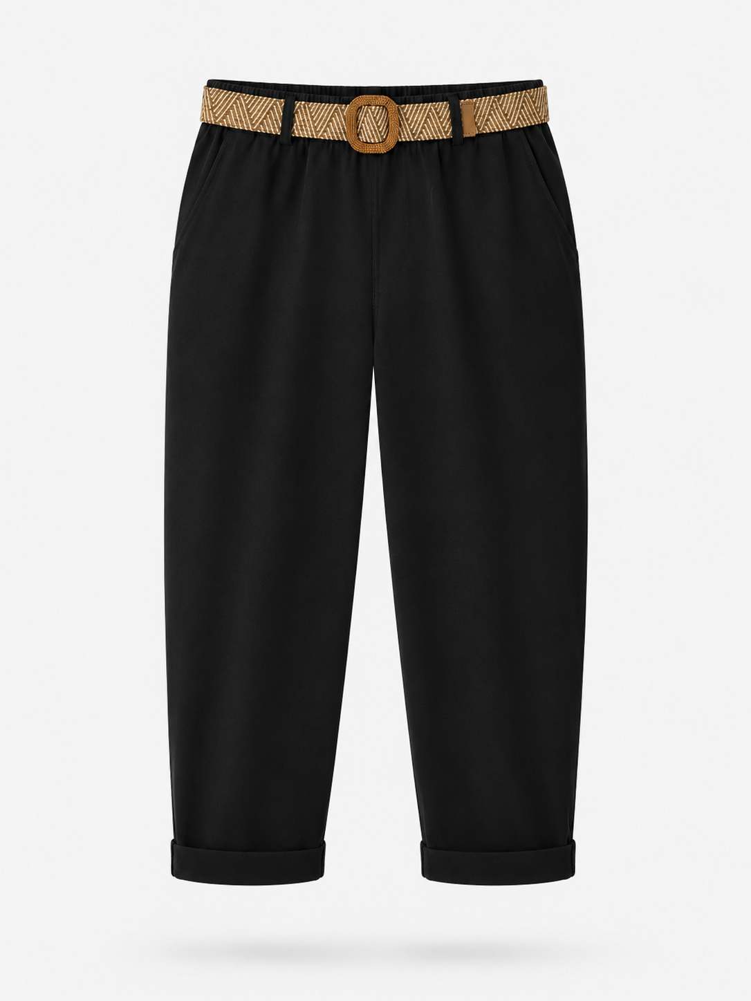 Ladies Italian cropped chino trousers with woven belt in black, styled with rolled cuffs