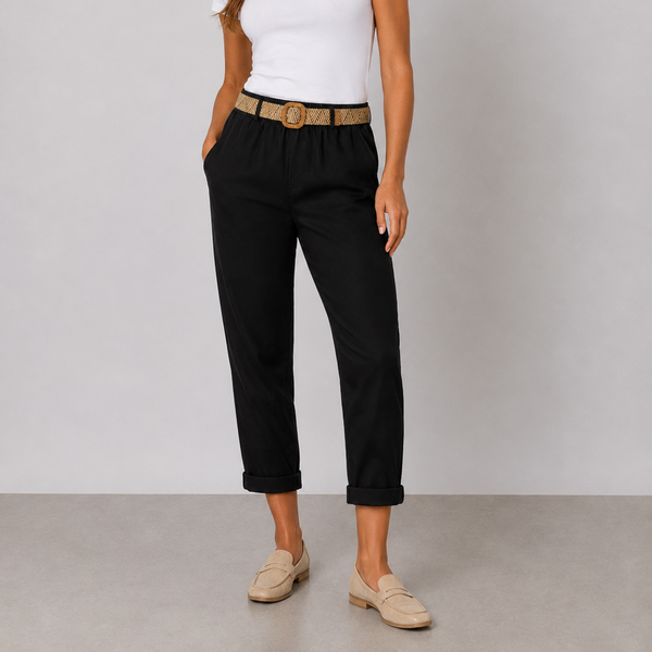 Ladies Elastic Waist Cropped Chino Trousers with Woven Belt (Black)