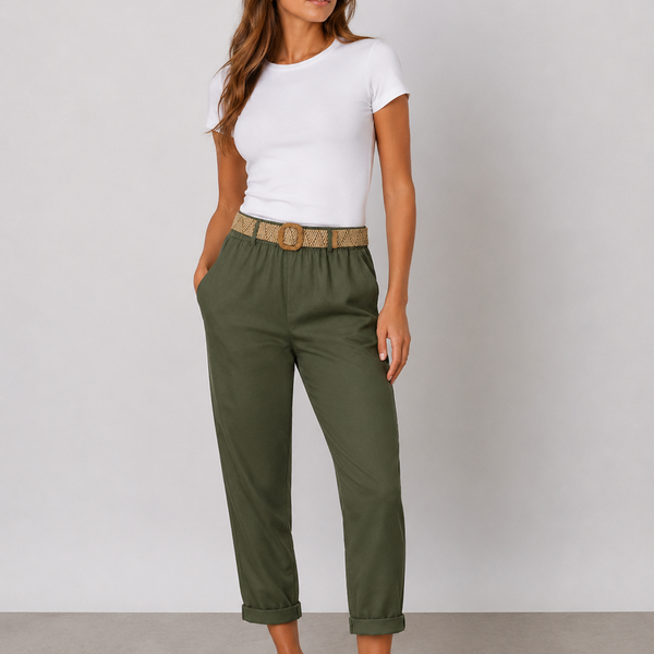 Ladies Elastic Waist Cropped Chino Trousers with Woven Belt (Khaki)