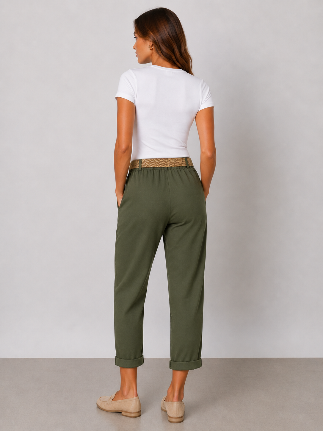 Ladies Italian cropped chino trousers with woven belt in khaki green, styled with rolled cuffs