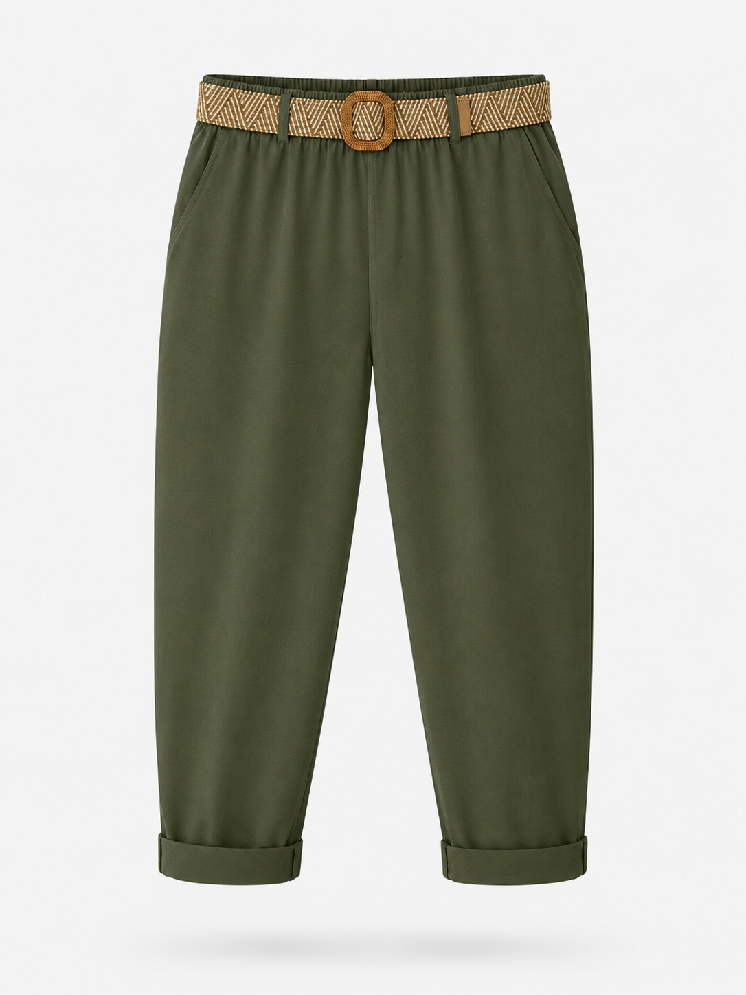 Ladies Italian cropped chino trousers with woven belt in khaki green, styled with rolled cuffs
