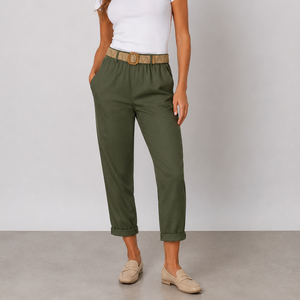 Ladies Elastic Waist Cropped Chino Trousers with Woven Belt (Khaki)