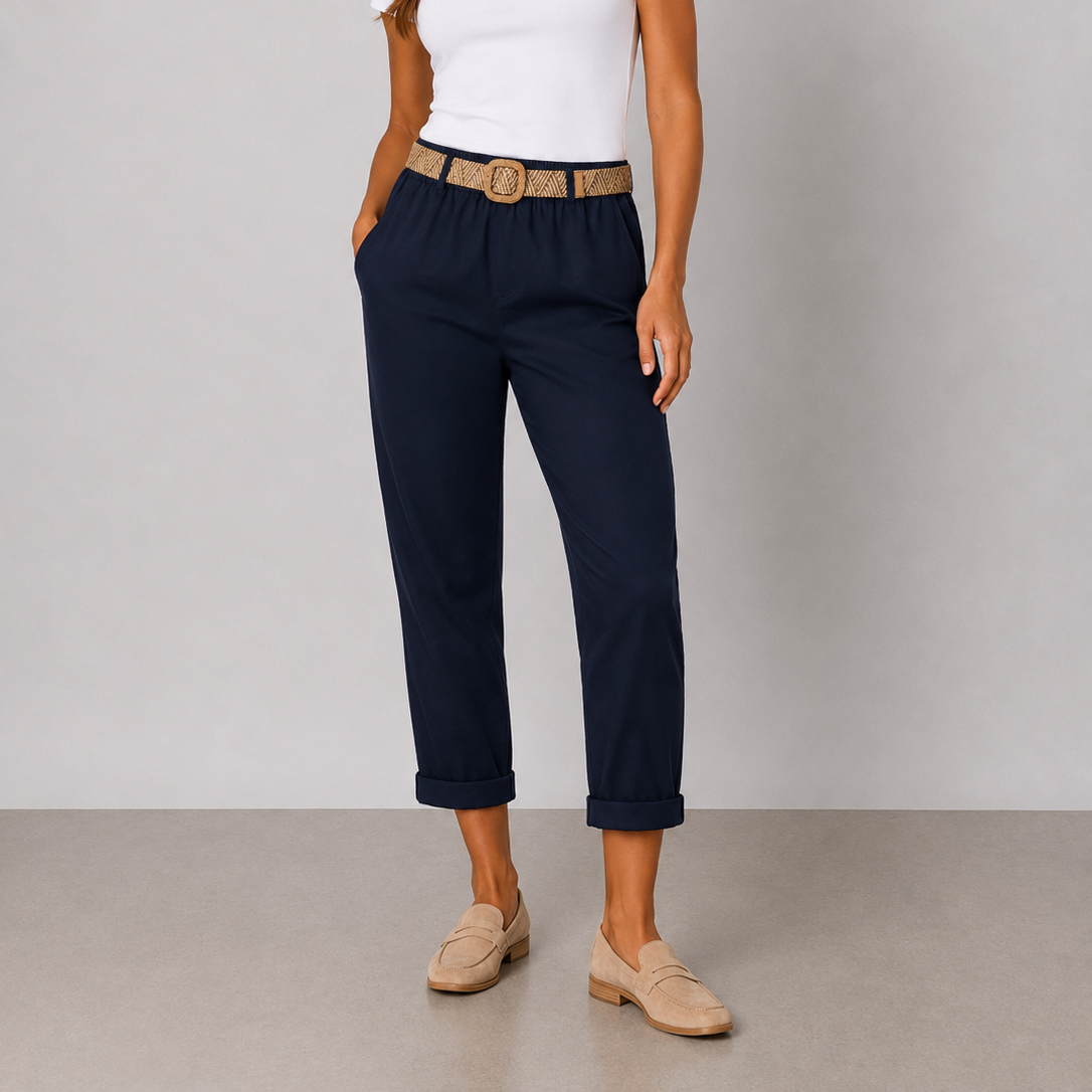 Ladies Italian cropped chino trousers with woven belt in navy, styled with rolled cuffs