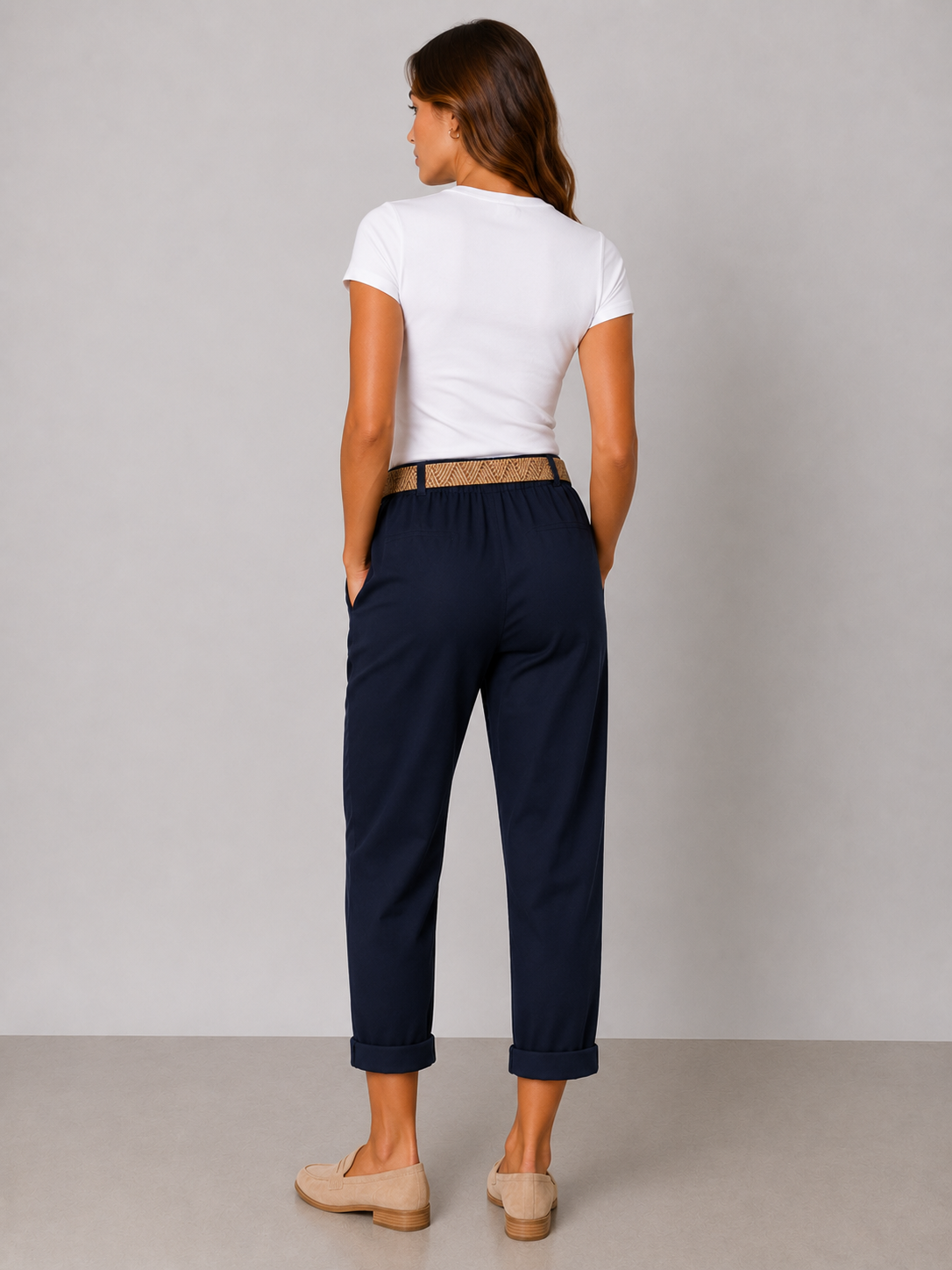 Ladies Italian cropped chino trousers with woven belt in navy, styled with rolled cuffs