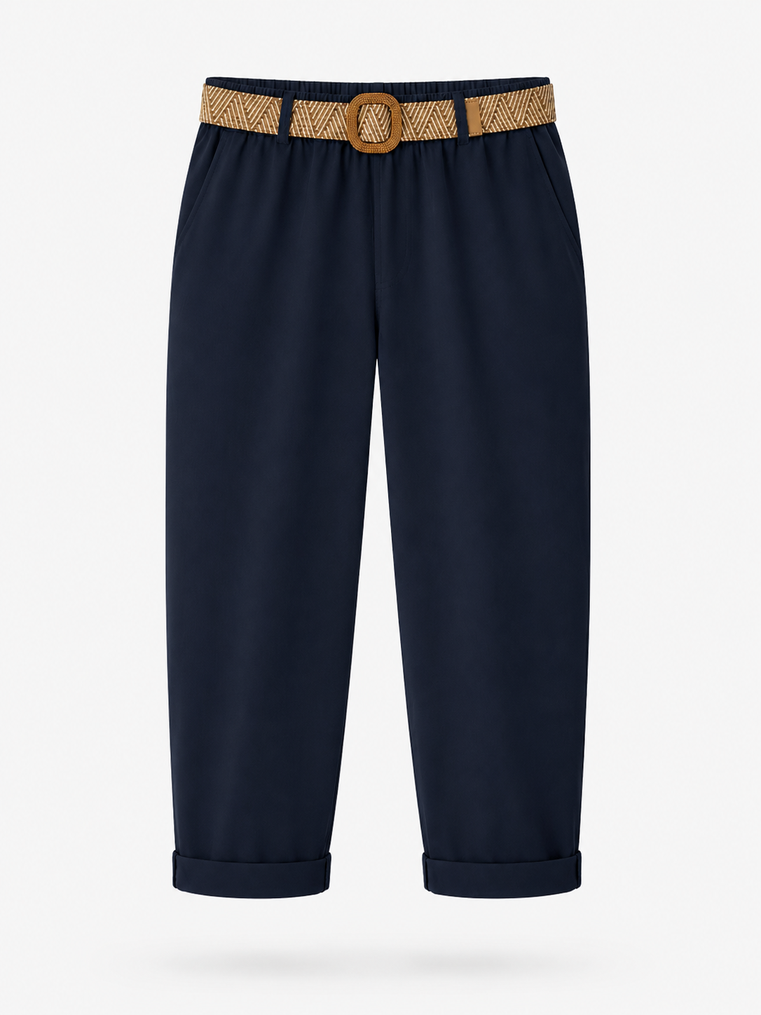 Ladies Italian cropped chino trousers with woven belt in navy, styled with rolled cuffs