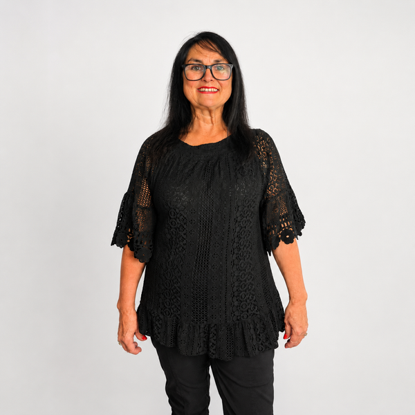 Ladies Italian Daisy Crochet Lace Tunic Top (Black)