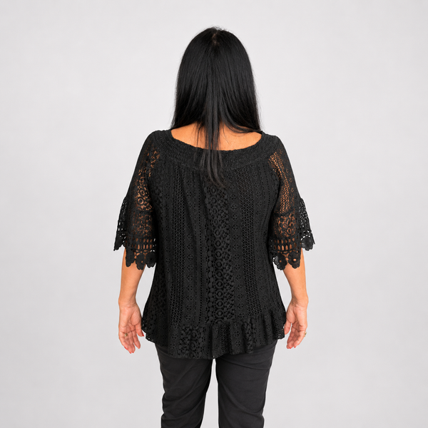 Ladies Italian Daisy Crochet Lace Tunic Top (Black)