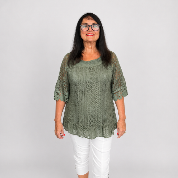 Ladies Italian Daisy Crochet Lace Tunic Top (Khaki)
