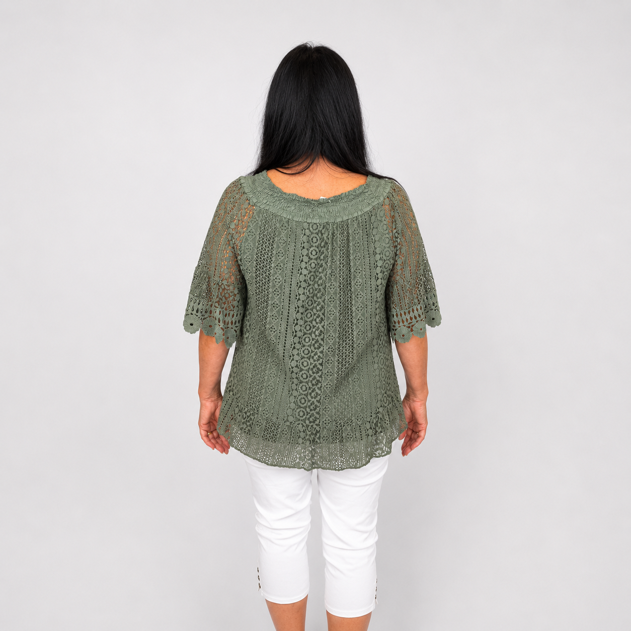 Ladies Italian Daisy Crochet Lace Tunic Top in khaki with floral crochet lace detail and short scalloped sleeves.