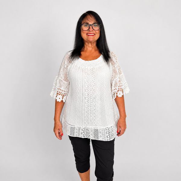 Ladies Italian Daisy Crochet Lace Tunic Top (White)