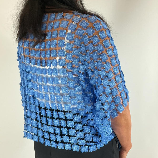 Ladies Italian Floral Daisy Crochet Lace Overlay Top (Blue)