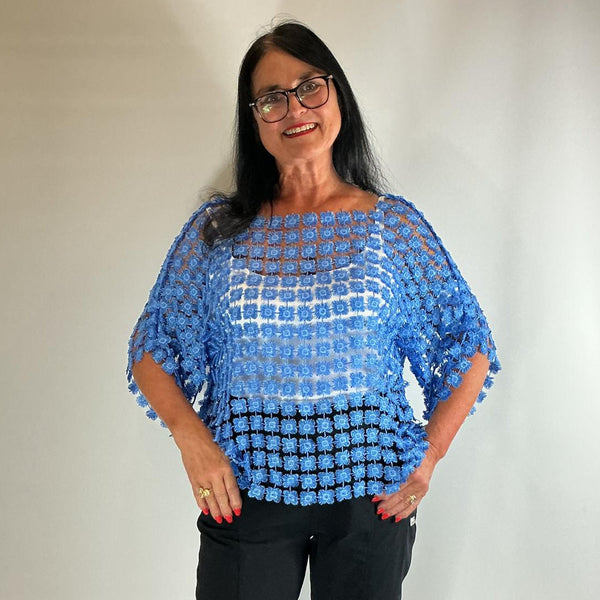 Ladies Italian Floral Daisy Crochet Lace Overlay Top (Blue)