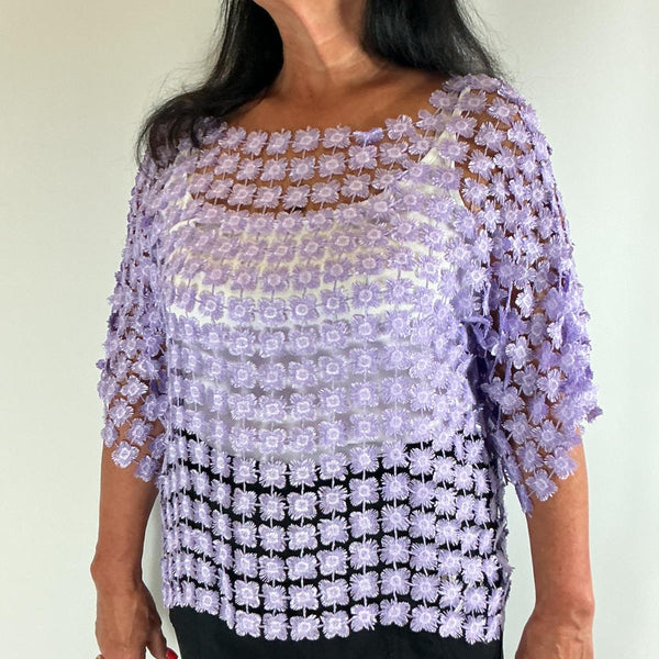 Ladies Italian Floral Daisy Crochet Lace Overlay Top (Lilac)