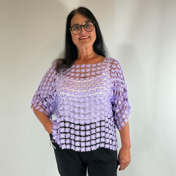 Ladies Italian Floral Daisy Crochet Lace Overlay Top (Lilac)