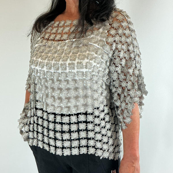 Ladies Italian Floral Daisy Crochet Lace Overlay Top (Grey)