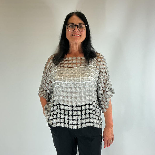 Ladies Italian Floral Daisy Crochet Lace Overlay Top (Grey)