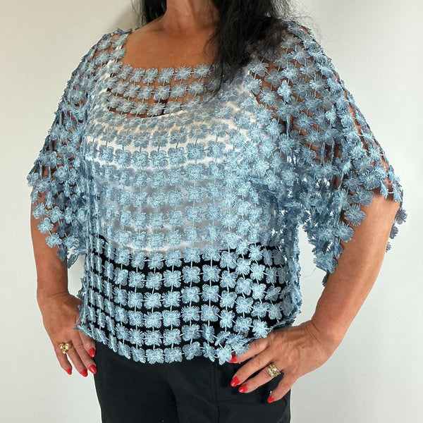 Ladies Italian Floral Daisy Crochet Lace Overlay Top (Light Blue)