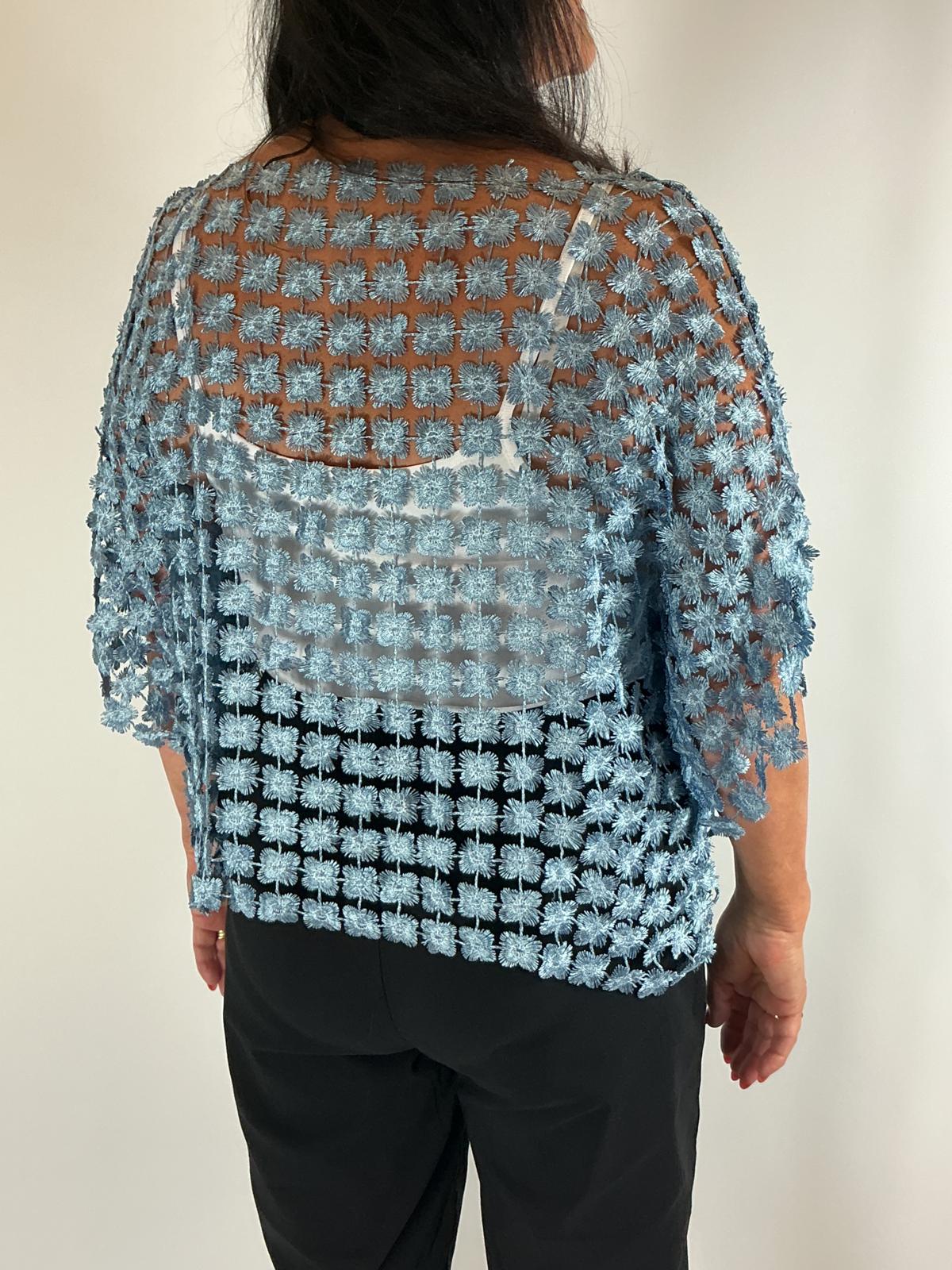 Ladies light blue semi-sheer floral embroidered top with short sleeves, a relaxed fit and scalloped edges
