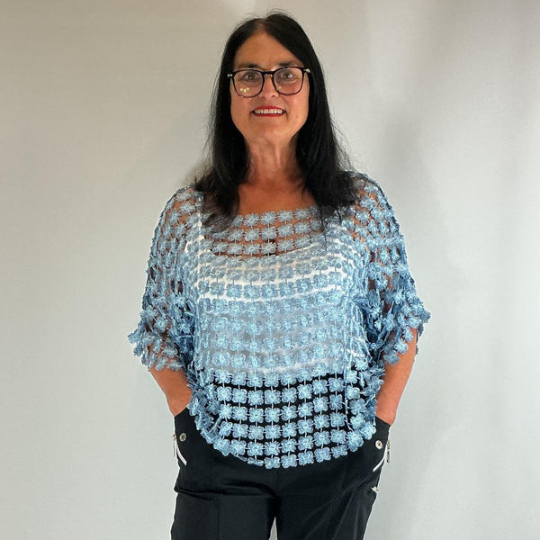 Ladies Italian Floral Daisy Crochet Lace Overlay Top (Light Blue)