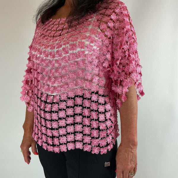 Ladies Italian Floral Daisy Crochet Lace Overlay Top (Pink)
