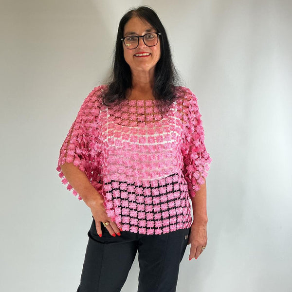Ladies Italian Floral Daisy Crochet Lace Overlay Top (Pink)