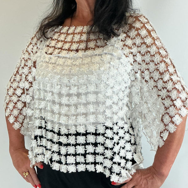 Ladies Italian Floral Daisy Crochet Lace Overlay Top (White)