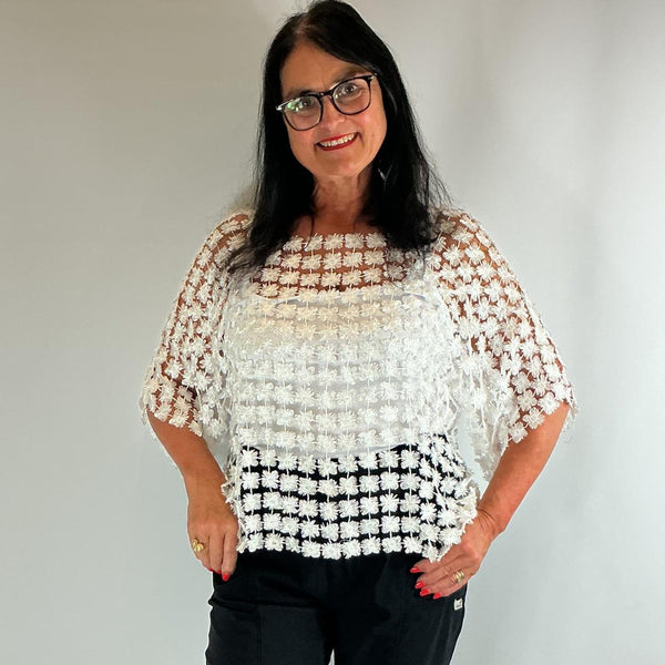 Ladies Italian Floral Daisy Crochet Lace Overlay Top (White)