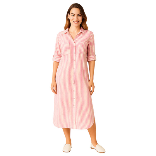 Women's pink striped long shirt dress with button front, rolled sleeves, and collared neckline – casual midi dress for everyday wear.