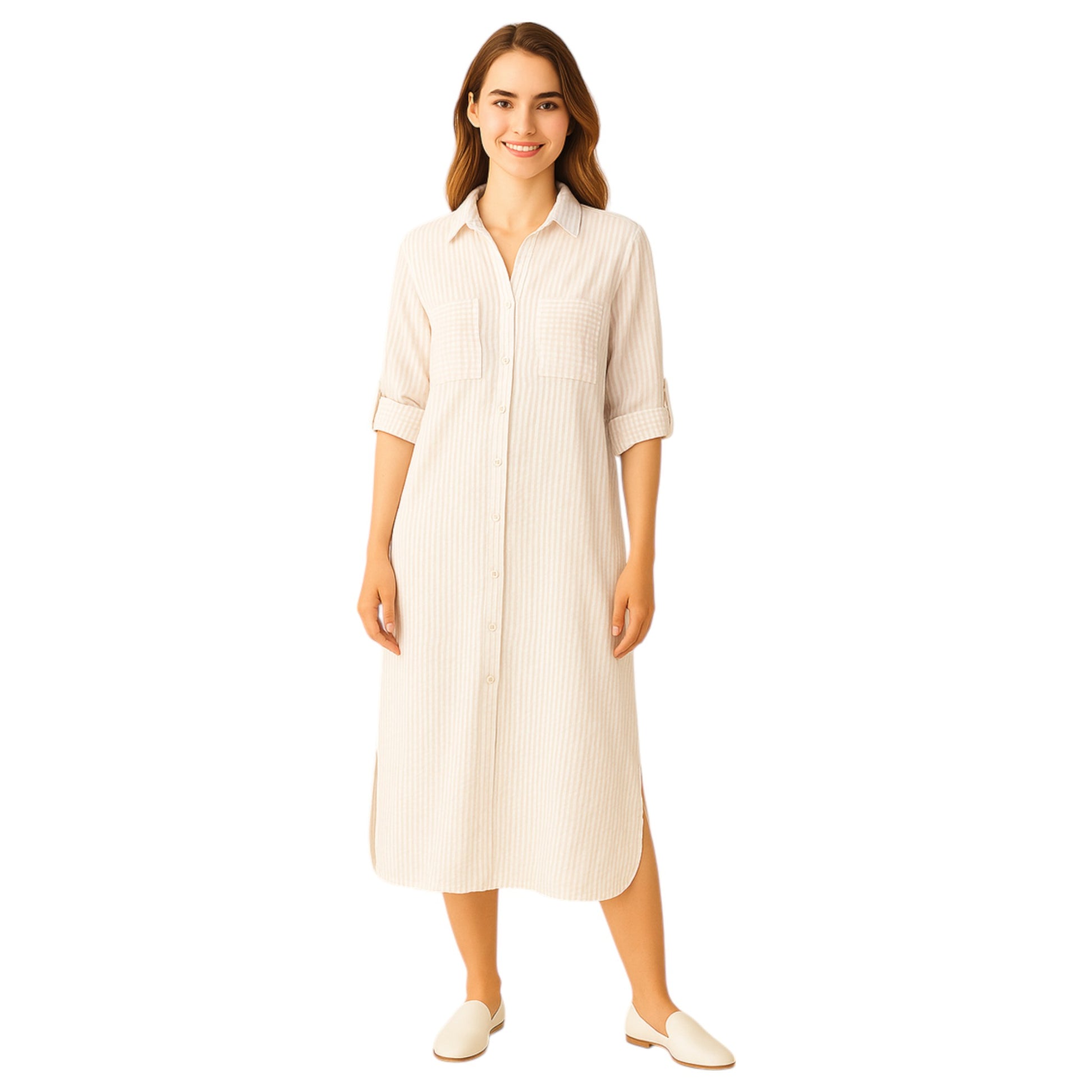 Women's white striped long shirt dress with button front, rolled sleeves, and collared neckline – casual midi dress for everyday wear.