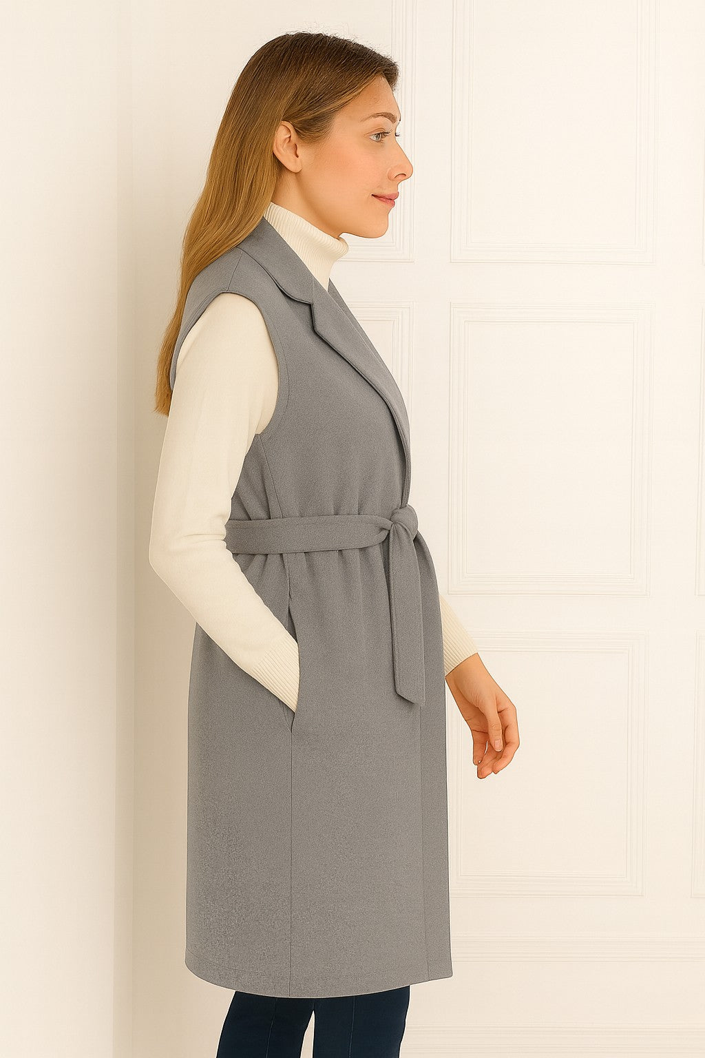 Stylish Italian longline gilet perfect for layering over jeans, leggings, or dresses