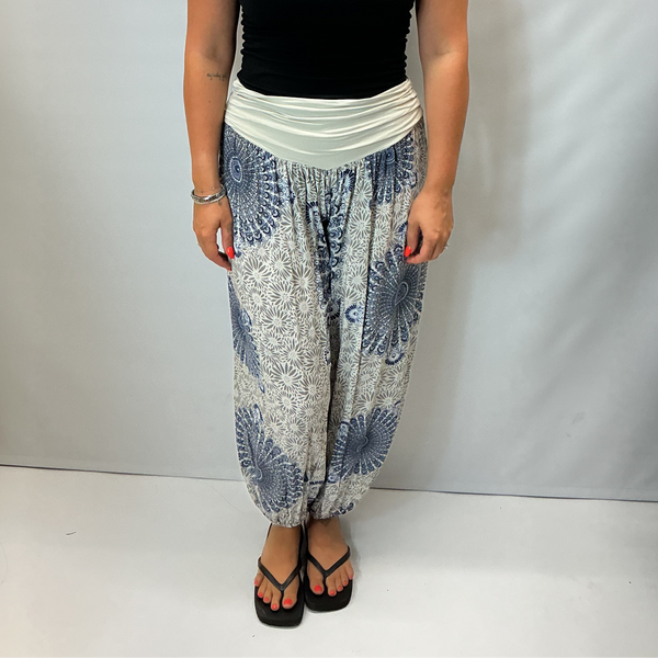 Ladies Italian Mandala Print Harem Trousers (Beige)