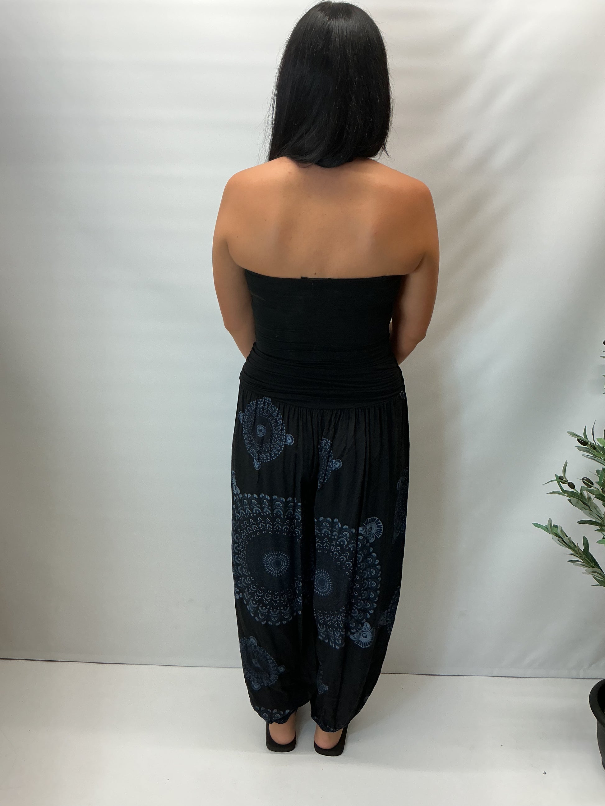 Women's Italian Black mandala print harem trousers with stretch waistband, relaxed balloon leg fit and elasticated cuffs.