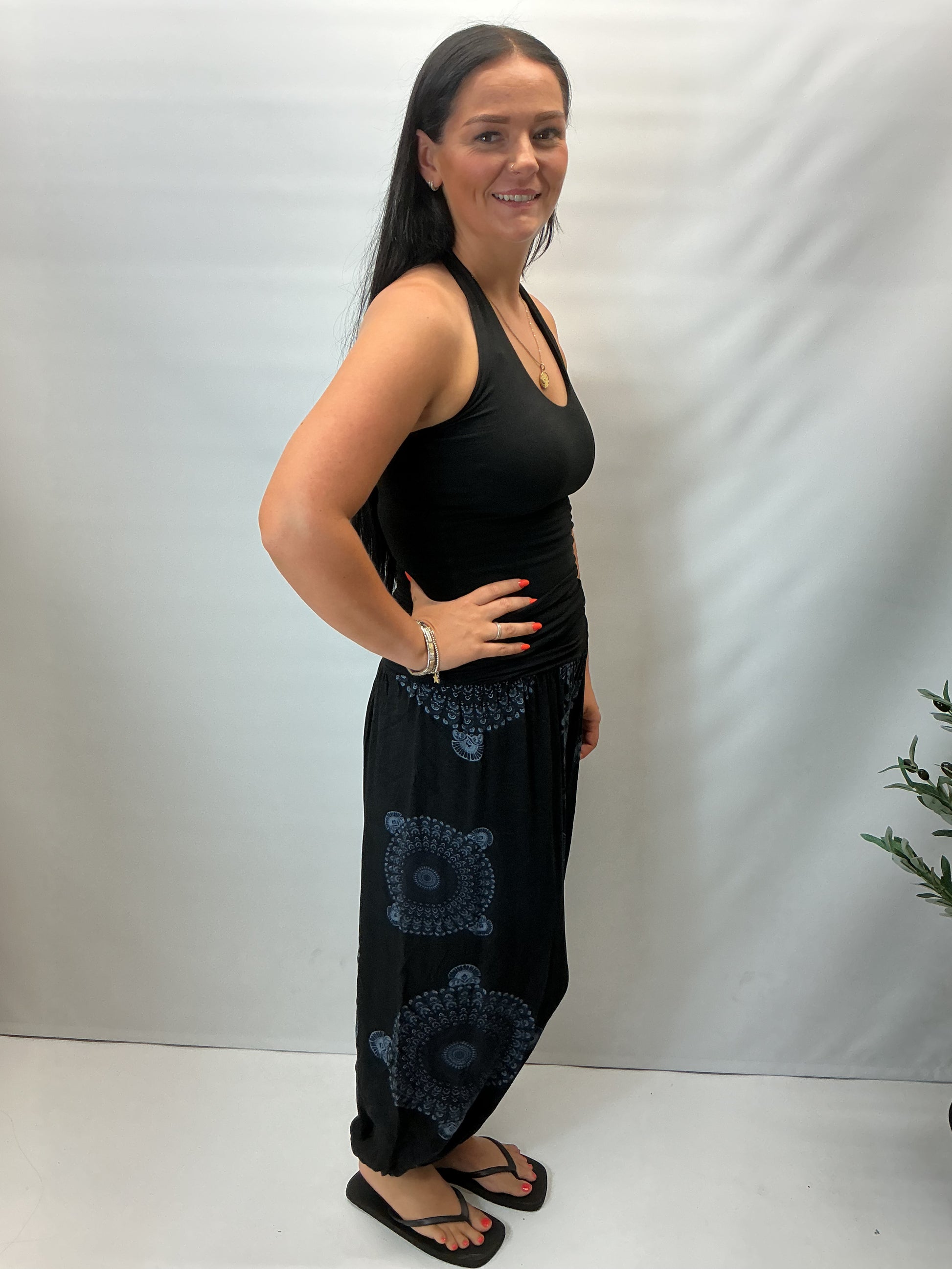 Women's Italian Black mandala print harem trousers with stretch waistband, relaxed balloon leg fit and elasticated cuffs.
