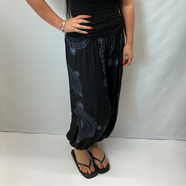Ladies Italian Mandala Print Harem Trousers (Black)