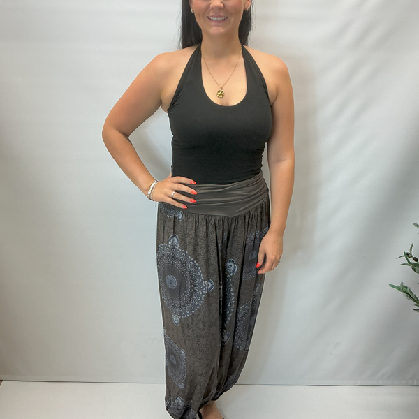 Ladies Italian Mandala Print Harem Trousers (Brown)