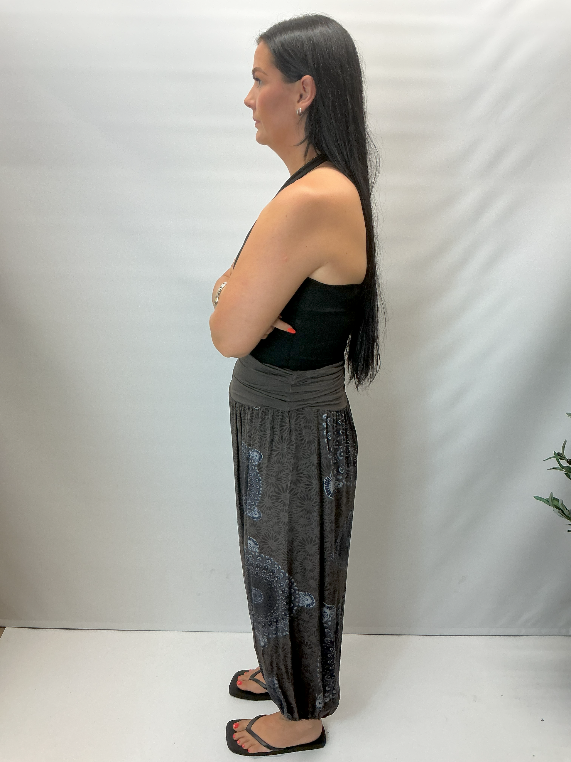 Women's Italian brown mandala print harem trousers with stretch waistband, relaxed balloon leg fit and elasticated cuffs.