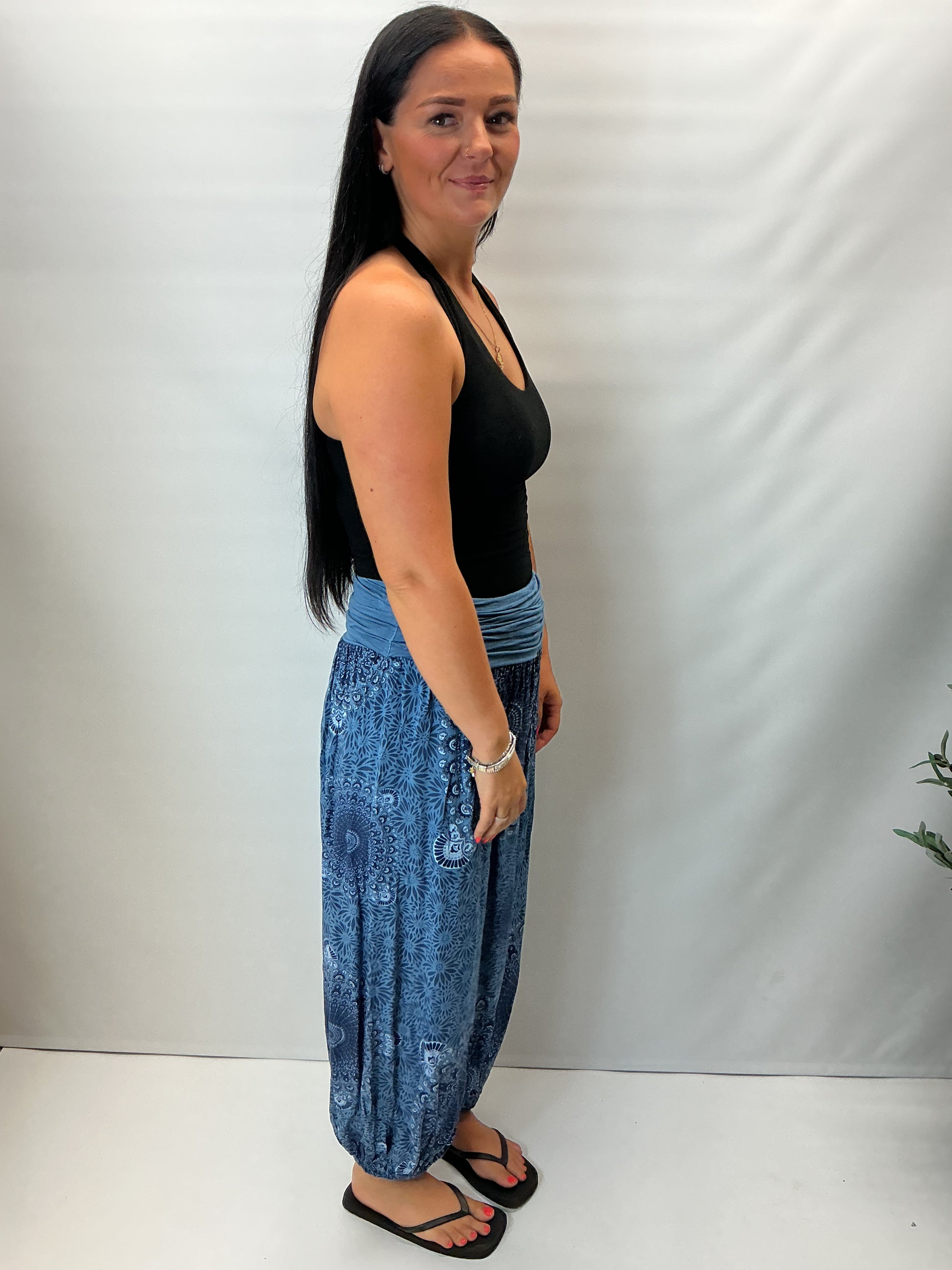 Women's Italian denim blue mandala print harem trousers with stretch waistband, relaxed balloon leg fit and elasticated cuffs.