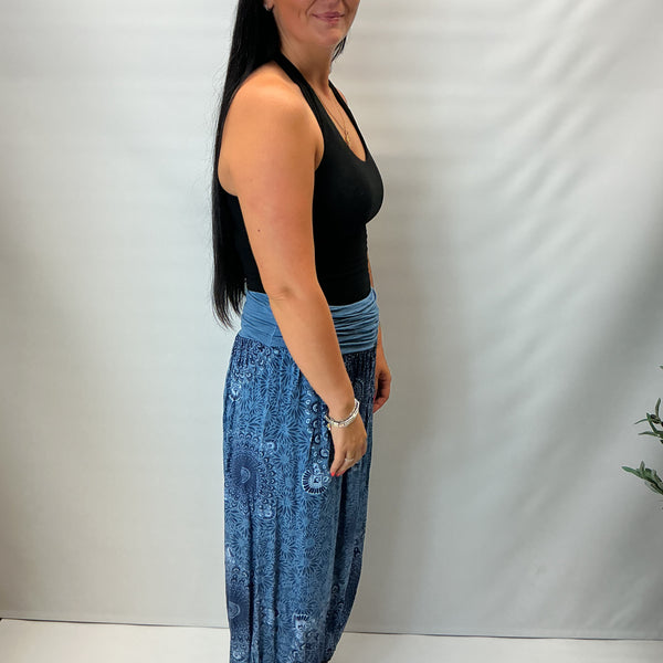 Ladies Italian Mandala Print Harem Trousers (Denim)