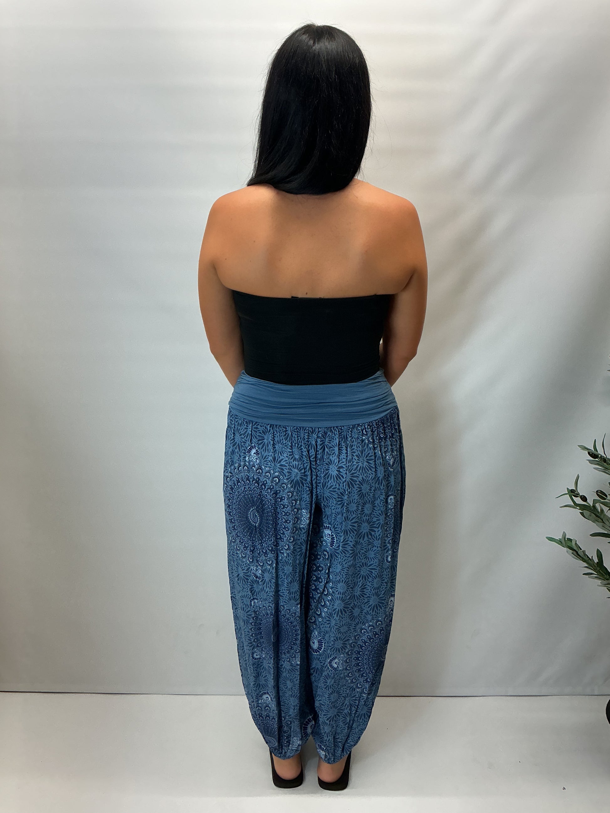 Women's Italian denim blue mandala print harem trousers with stretch waistband, relaxed balloon leg fit and elasticated cuffs.