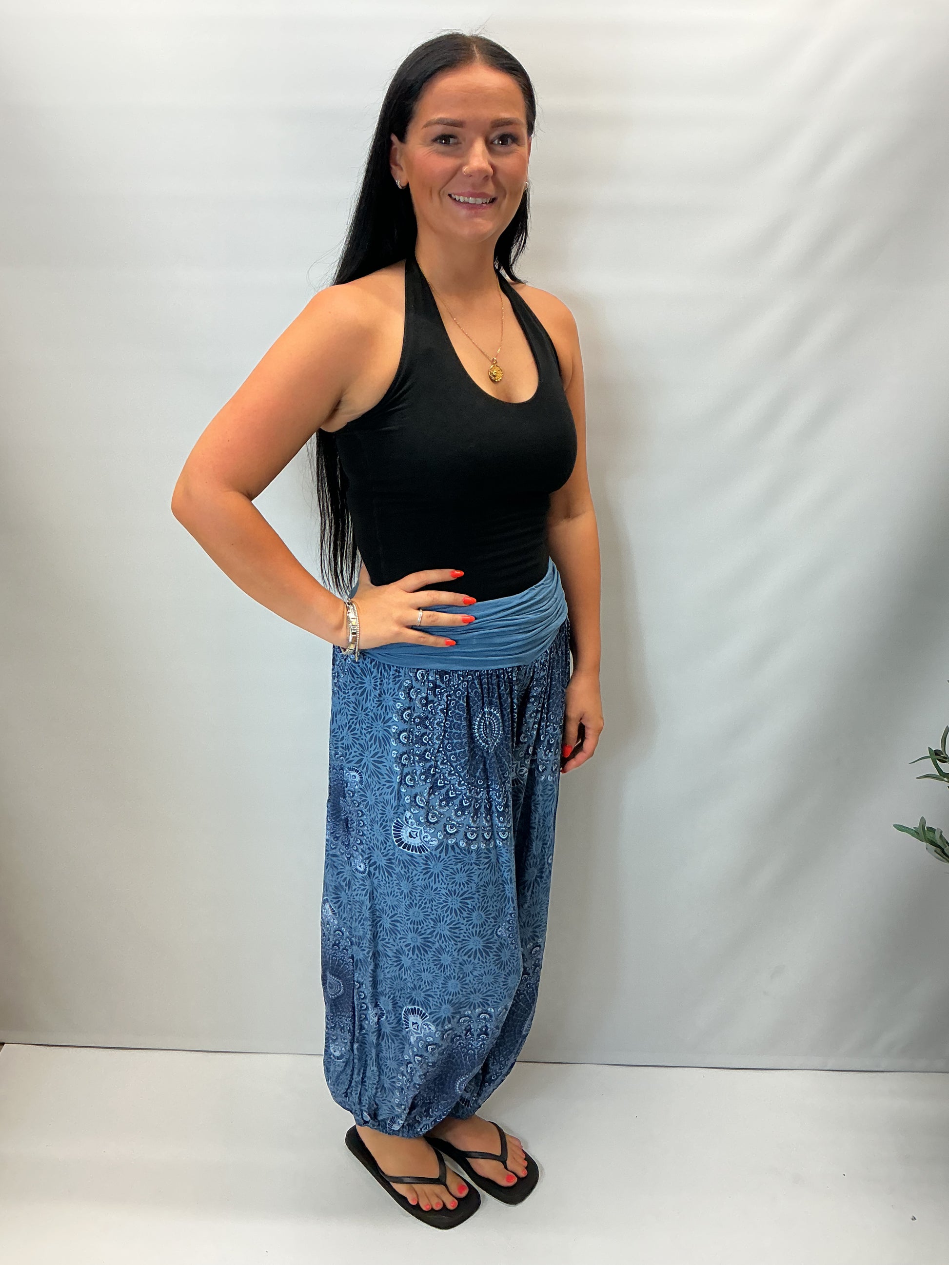 Women's Italian denim blue mandala print harem trousers with stretch waistband, relaxed balloon leg fit and elasticated cuffs.
