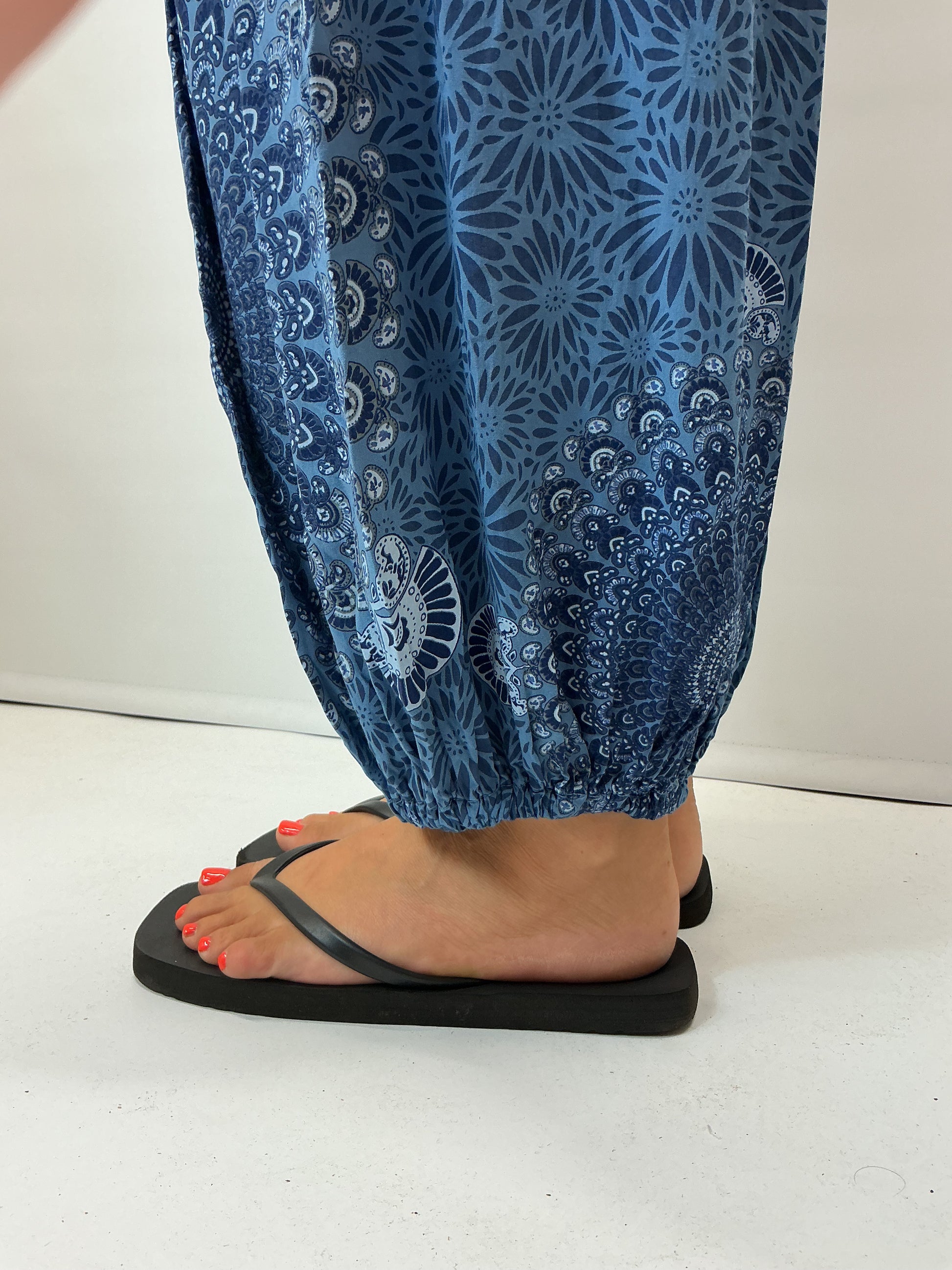 Women's Italian denim blue mandala print harem trousers with stretch waistband, relaxed balloon leg fit and elasticated cuffs.